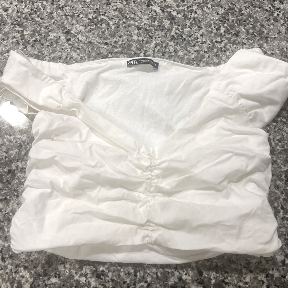 Zara white crop top with scrunch detail.